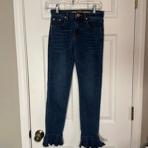 POL Women's Ankle Flared Frill Hem Skinny Jeans Denim Frayed High Rise S - AKP4